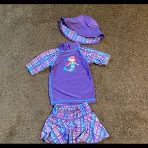 Swimsuit Size 2. Rash guard, skirt and hat mermaid